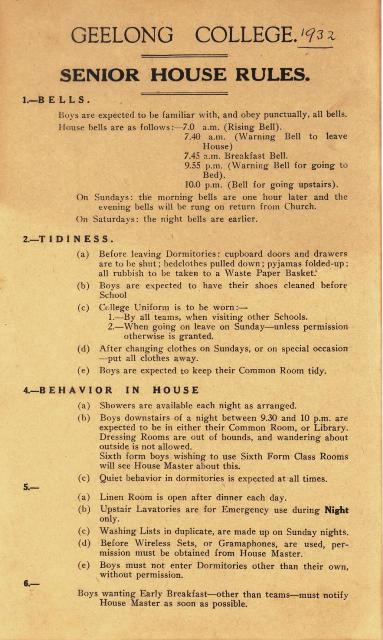 'Senior' Boarding House Rules, circa 1932.